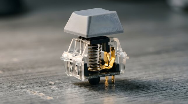 Closeup of a mechanical keyboard switch with a grey keycap on a wooden surface