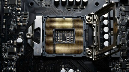 Fototapeta premium Closeup of an open cpu socket on a computer motherboard