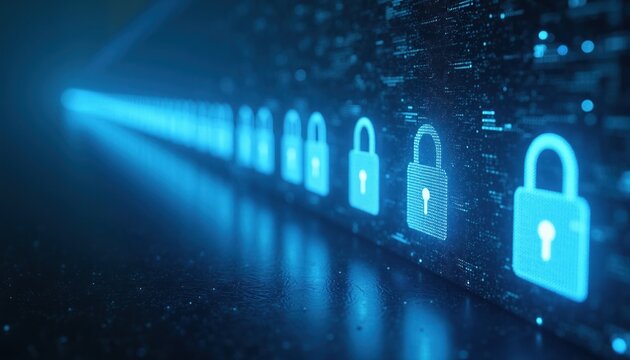 Digital locks in a row show cyber security concept. Futuristic blue glowing barrier protects data. Network security abstract digital background, safe and protected system.