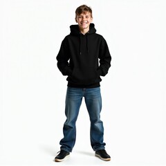 Naklejka premium Smiling boy stands with hands in pockets. Teenage male wears black hoodie and blue jeans. Youthful person poses for photo on white studio background.