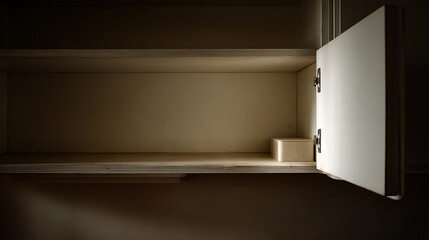 Fototapeta premium Open Empty Cabinet Door Reveals Dark Interior Shelf with Subtle Light Leak Emphasizing Bareness and Abstract Space Concept