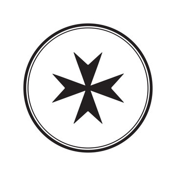 Maltese cross vector icon inside a circular frame. Representing chivalry and historical heraldry. Ideal for medical, military, or religious projects