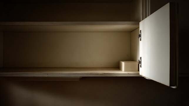 Open Empty Cabinet Door Reveals Dark Interior Shelf with Subtle Light Leak Emphasizing Bareness and Abstract Space Concept