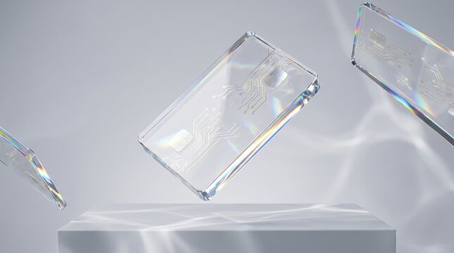 Premium Fintech Concept with Floating Glass Bank Cards and Product Podium. Abstract financial composition featuring floating transparent glass credit cards with gold internal circuits.