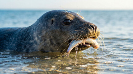 Obraz premium Seal emerging from water with fish in mouth, intense mood, dramatic low-angle shot. A close‑up of a seal’s face emerging from shallow water, a fish clamped in its mouth, water droplets sparkling
