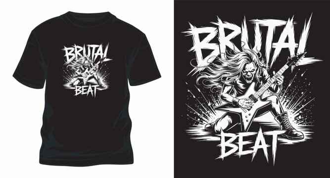 Brutal beat t shir design featuring heavy metal guitarist skeleton.