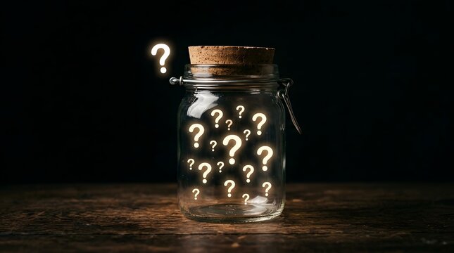 Glass jar with glowing question marks inside on a wooden table