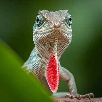 Close up portrait of a vibrant green lizard with a bright red dewlap on its neck