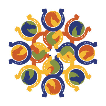Symmetrical pattern of artistic horseshoes and minimalist horse head silhouettes on a solid white background equestrian design concept