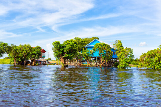 Cambodian stilt houses in floating village