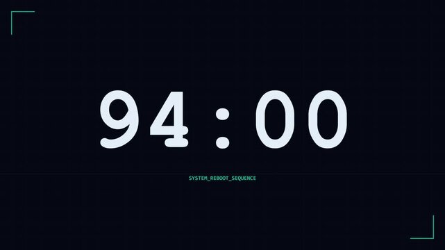 Digital countdown timer with system reboot sequence in glitch style