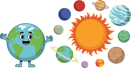 Cute Solar System Planets with Happy Earth Character Sun and Space Objects Vector Illustration © MdEmdadul