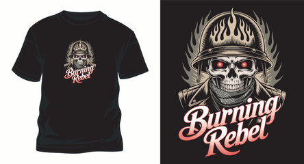 Fototapeta premium Burning rebel t shirt design skeleton with helmet and flames.