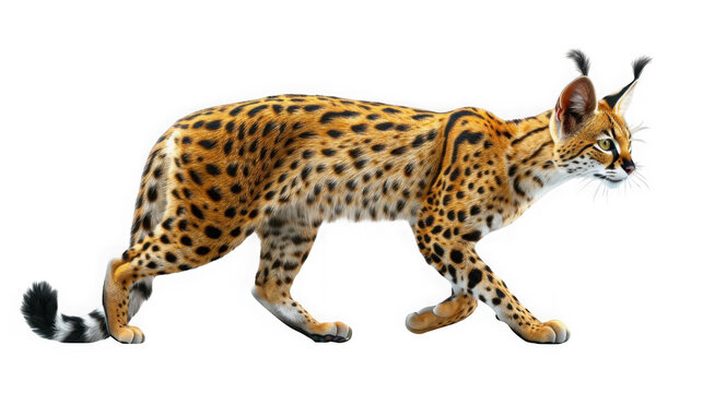 Spotted serval wild cat walking with ears perked up in profile view as isolated on transparent background
