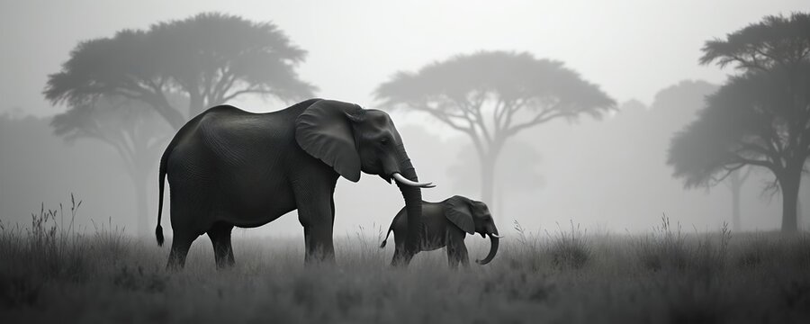 Mother elephant and baby walk in foggy savannah grass. Large trees and soft mist create serene atmosphere. Wildlife pair travels together in African wilderness at dawn.
