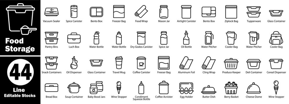 Kitchen organization and food storage icons. 
Featuring a vacuum sealer, spice canister, bento box freezer bag, and professional pantry storage solutions.