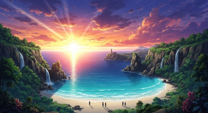 Sunset over a tropical paradise with waterfalls, cliffs, and a lighthouse in the distance.