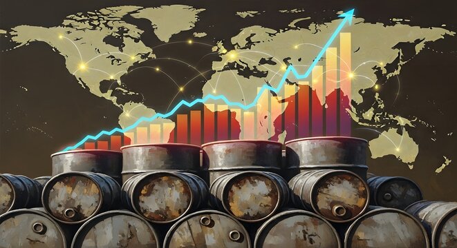 Oil barrels with a world map and upward trending graphs representing the concept of the global economy and oil industry.