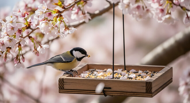 Great Tit Bird Perched on a Wooden Feeder Surrounded by Pink Cherry Blossoms in Spring