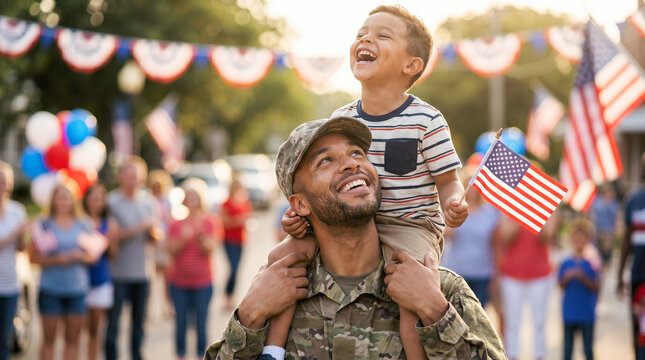 Father and son celebrating Flag Day, joyful moment with American flags in festive background