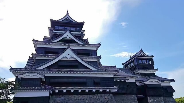 Kumamoto castle fort behind stone walls, Feudal Japan, Historical Landmark, Japanese Samurai Fortress, Travel Landmark, Cloud Timelapse