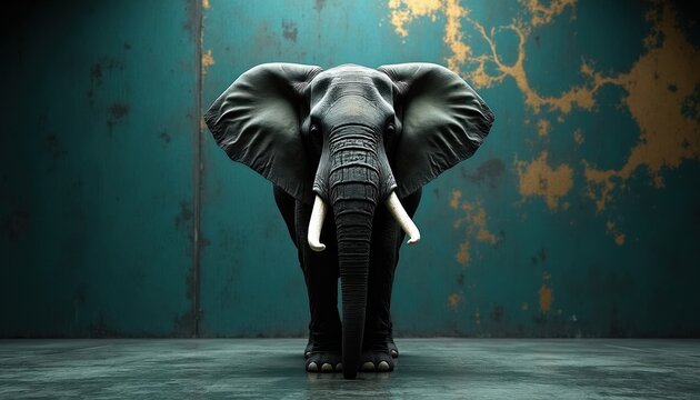 Close up of African elephant standing still, facing forward. Its large ears are spread wide against textured teal and gold wall. Creature has mighty presence, powerful tusks, and wrinkled trunk.