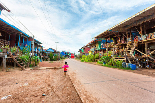 Cambodian stilt houses along village road