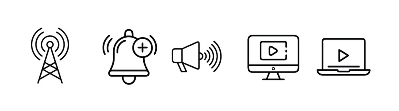 Digital broadcasting web line icons set with radio antenna alert bell loudspeaker monitor display and notebook player for media content & more vector illustration with editable stroke