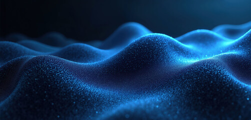 Obraz premium Abstract digital surface made of blue dots forms waves. Particles create dynamic texture and depth. Dark background highlights glowing light effects and futuristic motion.