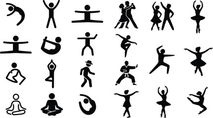 Human activity stick figure silhouettes showing dance, yoga, martial arts, and meditation poses for fitness, cultural, and artistic concepts © MDGOLAP