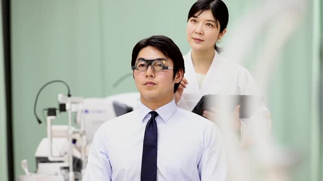 視力検査を受ける男性患者とタブレットで記録する女性医師