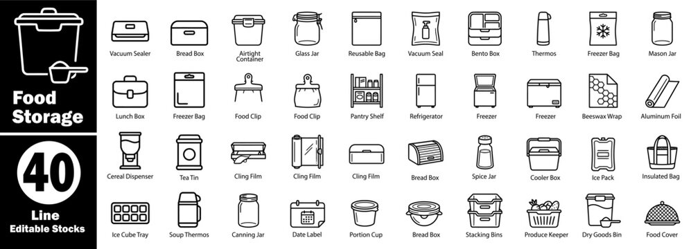 Food storage and preservation icon set, editable stroke, linear icons for food containers and kitchen essentials.