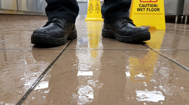 Person standing near yellow sign warning about wet flooring surface inside a workplace area to ensure safety protocols are followed and prevent potential slipping accidents during commercial