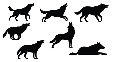 Fototapeta premium Group of Wolf Silhouettes Howling and RestingTitle:Collection of black wolf silhouettes in various poses including howling and restingKeywords:wolf, wolves, silhouette, howling
