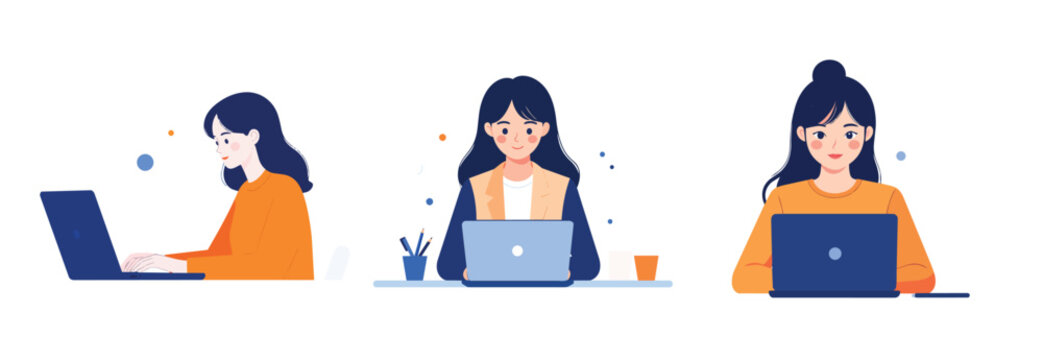 Vector illustration of a business woman and student at a beach office desk with a laptop and book icons for web education