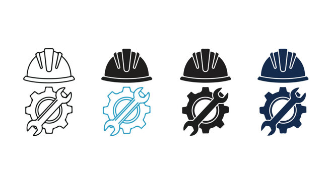 Set of industrial hard hat and gear icons in different colors for engineering and construction