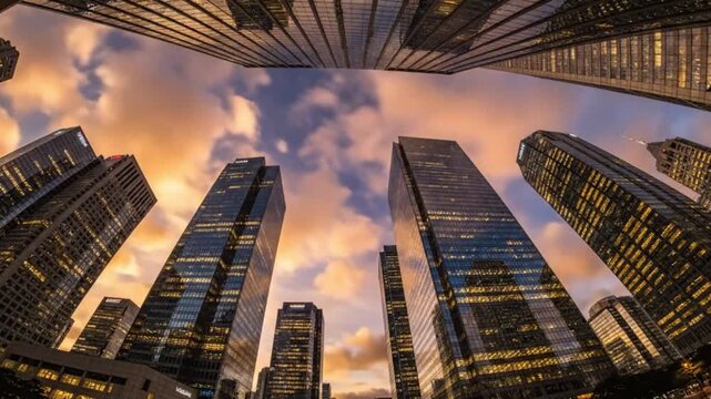 Dynamic Time-lapse of Financial District Skyscrapers, Sunny Day to Nightfall