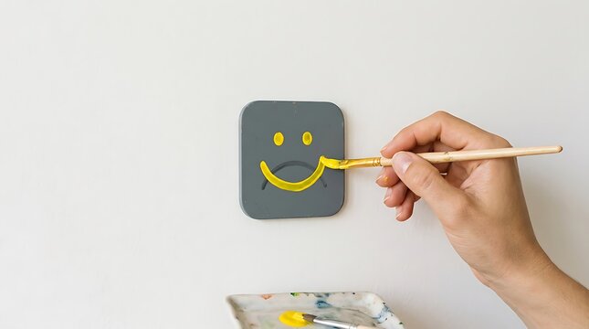 A hand painting a yellow happy smile over a sad face icon on a gray square plate with a small wooden brush to represent positive change and optimism