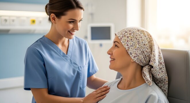 A caring nurse smiles while supporting a female cancer patient wearing a headscarf in a hospital room, offering medical care, empathy, and hope during chemotherapy treatment.