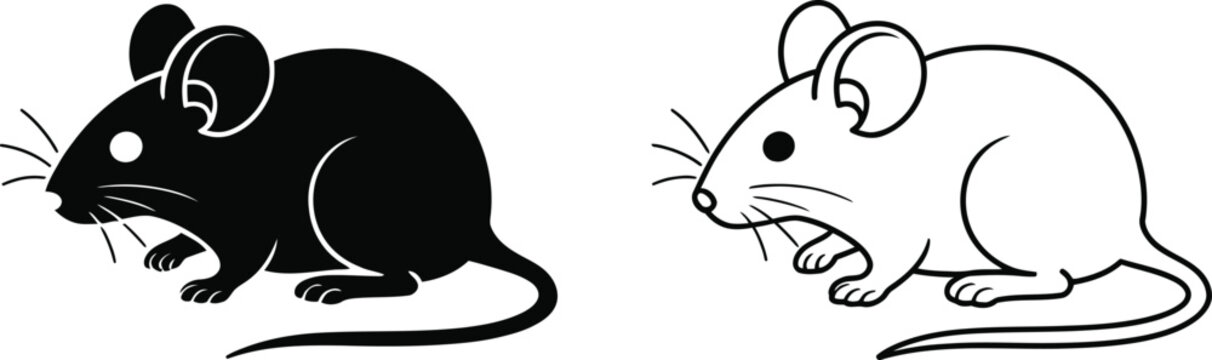 Mouse silhouette and line art icons for animal vector illustration set isolated on white background.