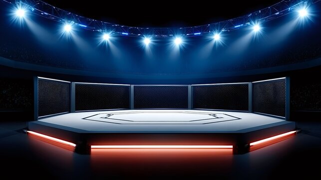 Empty illuminated octagon cage under intense arena spotlights in a dark stadium, ready for an electrifying mixed martial arts championship bout and roaring crowd anticipation