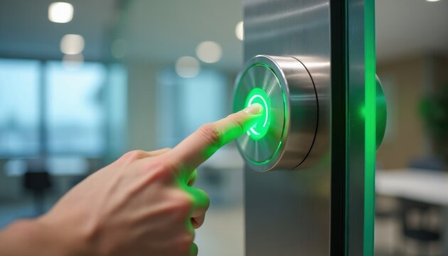 Person uses finger to press green glowing circular button on modern glass office door. Access granted, safety, tech innovation. Unlock system. Future entry.