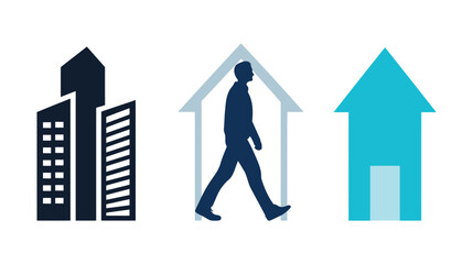 Fototapeta premium Minimalist vector graphic illustration showcasing a person walking beside various simple city and house building icons