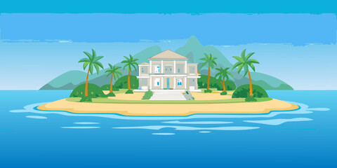 Obraz premium luxurious mansion on a tropical island flat vector illustration