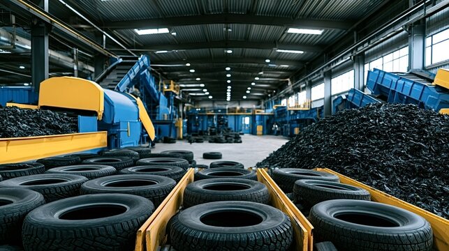 Tire recycling plant processing discarded rubber into small pieces, utilizing heavy machinery and conveyor belts for efficient waste management and environmental sustainability