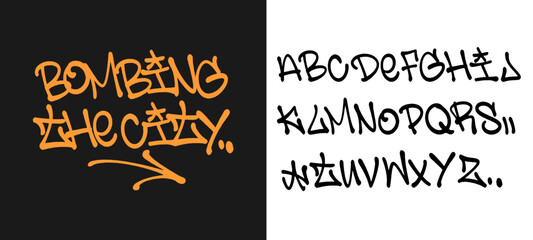Authentic bombing style graffiti alphabet set rendered with expressive lettering on a brown and white canvas. Ideal for creators seeking a realistic and gritty street art font for design assets. © dirtyfellas