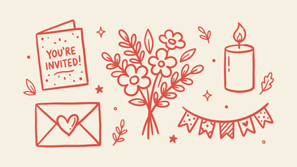 Hand-drawn celebration vector icons including invitation card, flower bouquet, candle, and heart envelope. Ideal for event planning and festive greeting card designs © Sahabat