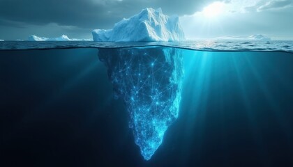 Naklejka premium Partially submerged iceberg reveals digital network structure below ocean surface. Ice mass glows with blue light beams, showing connectivity and data flow. Technology concept in deep water.