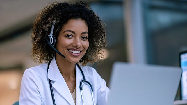 Young biracial doctor wearing a lab coat and headset while working on a laptop, providing remote healthcare services and telemedicine consultation with a friendly expression