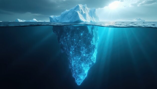 Partially submerged iceberg reveals digital network structure below ocean surface. Ice mass glows with blue light beams, showing connectivity and data flow. Technology concept in deep water.